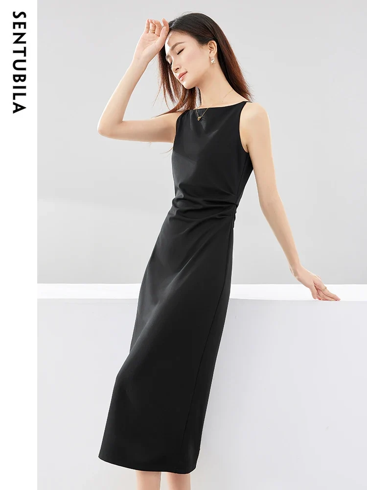 [US warehouse] SENTUBILA pleated black dress women's party slim temperament oblique collar sleeveless women's mid-length dress