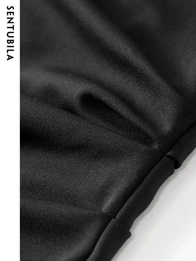 [US warehouse] SENTUBILA pleated black dress women's party slim temperament oblique collar sleeveless women's mid-length dress