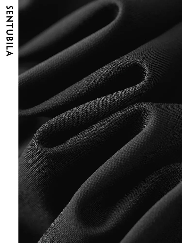 [US warehouse] SENTUBILA pleated black dress women's party slim temperament oblique collar sleeveless women's mid-length dress