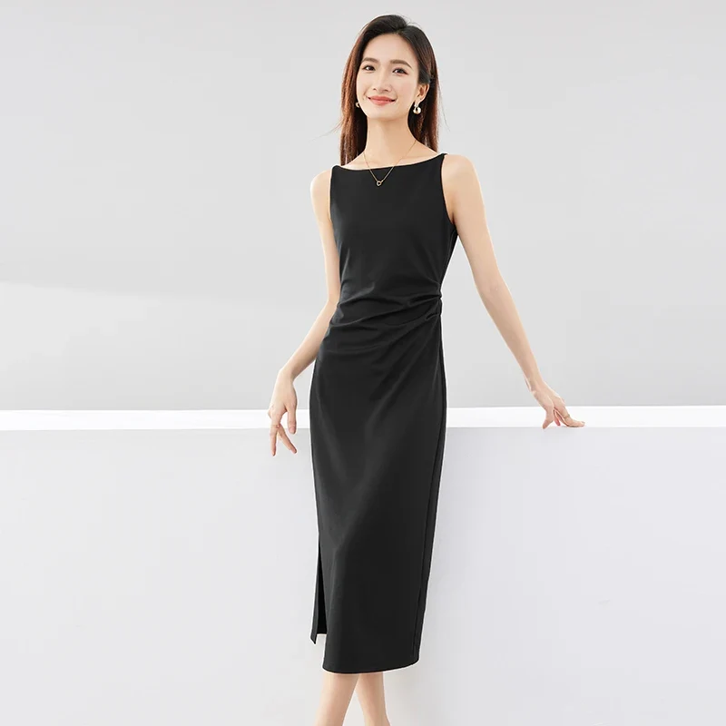 [US warehouse] SENTUBILA pleated black dress women's party slim temperament oblique collar sleeveless women's mid-length dress