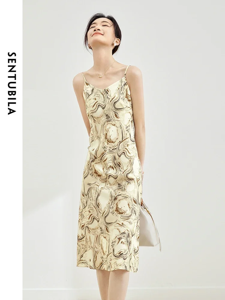 [US warehouse] SENTUBILA women's suspender mid-length printed dress, fashionable sundress, elegant lady's slim suspender dress