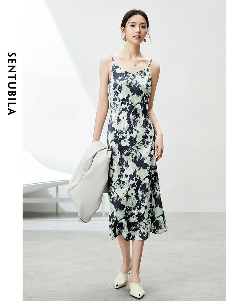 [US warehouse] SENTUBILA women's suspender mid-length printed dress, fashionable sundress, elegant lady's slim suspender dress