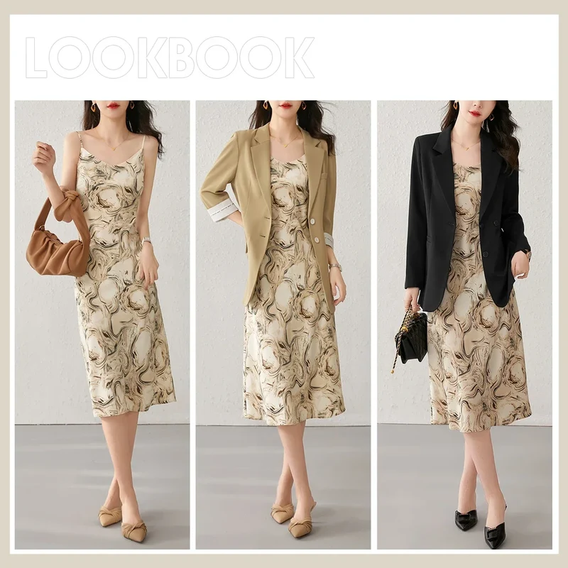 [US warehouse] SENTUBILA women's suspender mid-length printed dress, fashionable sundress, elegant lady's slim suspender dress