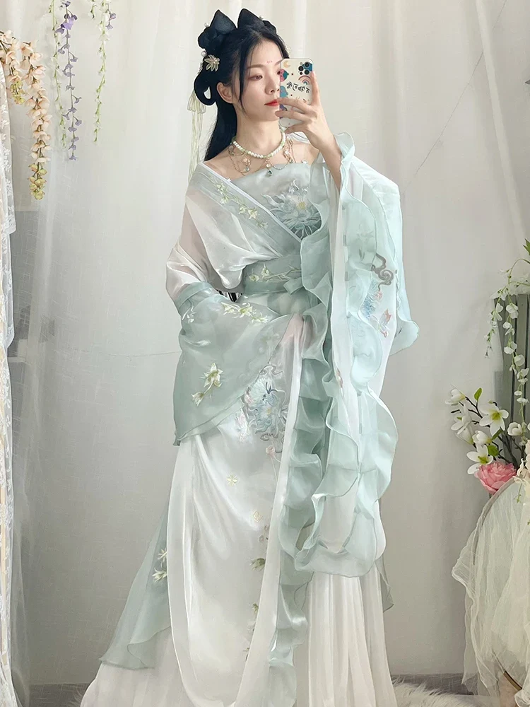 [US warehouse] Chinese Hanfu dress women's ancient costume traditional embroidered Hanfu suit fairy role play costume green Hanfu dance costume