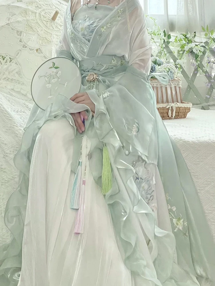 [US warehouse] Chinese Hanfu dress women's ancient costume traditional embroidered Hanfu suit fairy role play costume green Hanfu dance costume