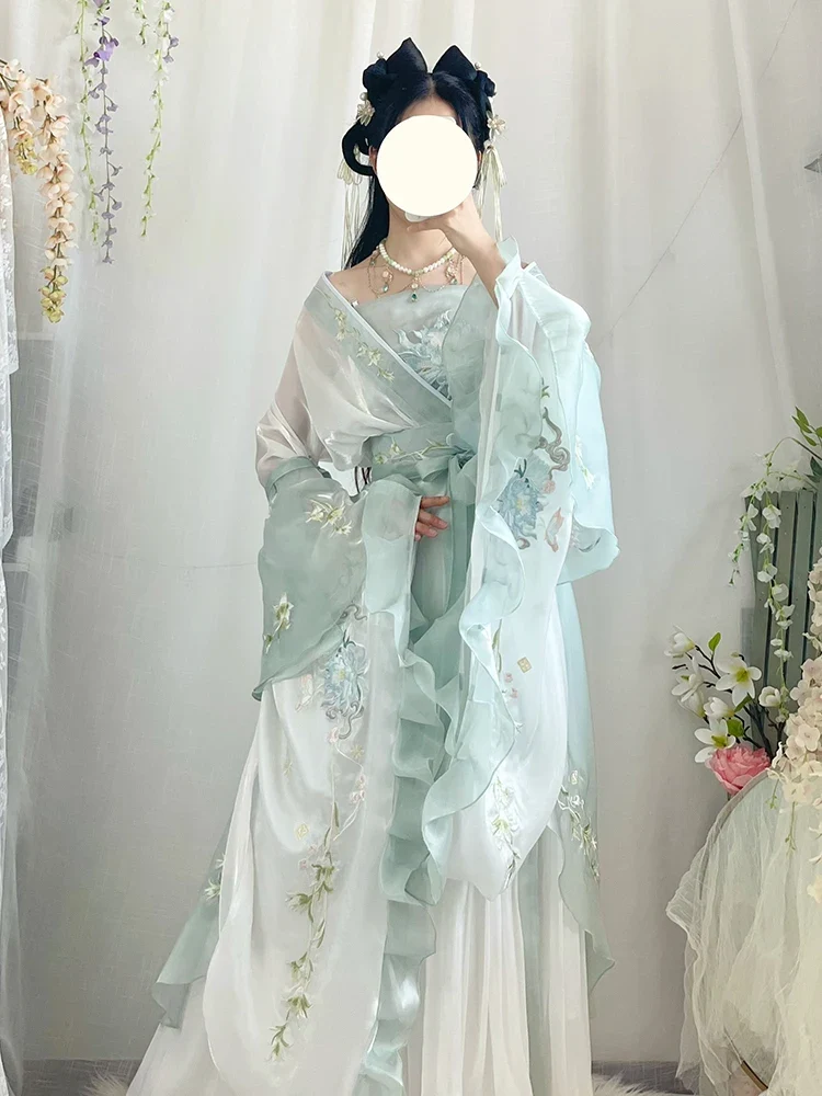 [US warehouse] Chinese Hanfu dress women's ancient costume traditional embroidered Hanfu suit fairy role play costume green Hanfu dance costume