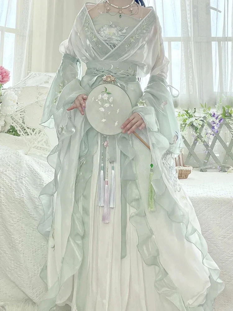 [US warehouse] Chinese Hanfu dress women's ancient costume traditional embroidered Hanfu suit fairy role play costume green Hanfu dance costume