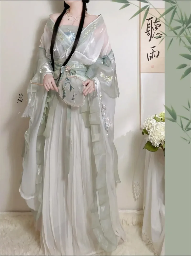 [US warehouse] Chinese Hanfu dress women's ancient costume traditional embroidered Hanfu suit fairy role play costume green Hanfu dance costume