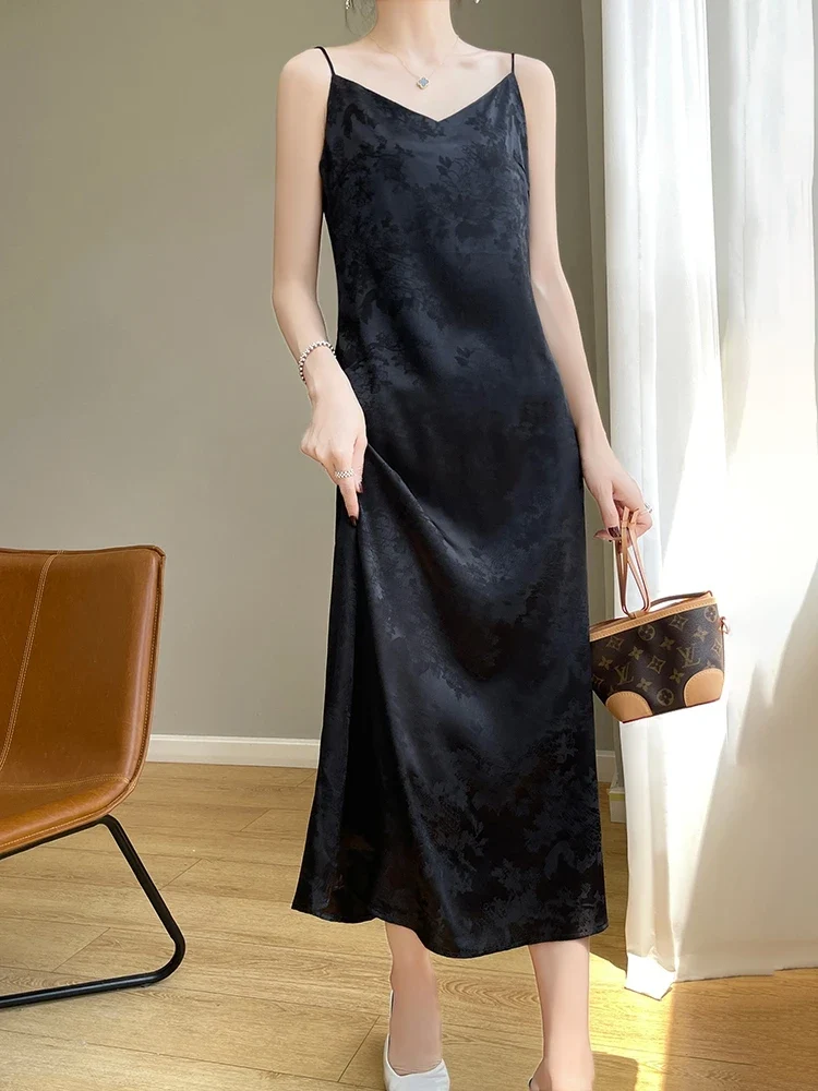 [US warehouse] Summer women's suspender skirt slim dress over the knee temperament satin slim base acetate skirt suspender skirt