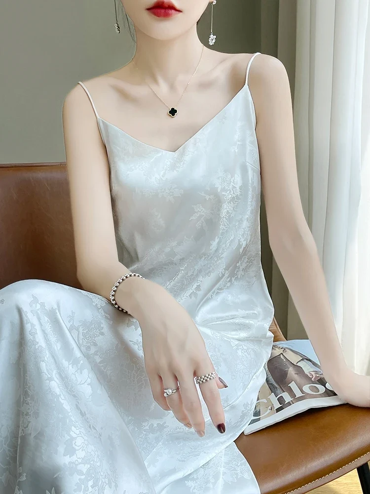 [US warehouse] Summer women's suspender skirt slim dress over the knee temperament satin slim base acetate skirt suspender skirt