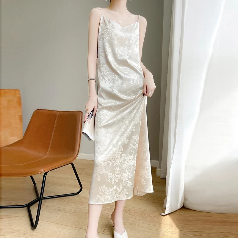 [US warehouse] Summer women's suspender skirt slim dress over the knee temperament satin slim base acetate skirt suspender skirt