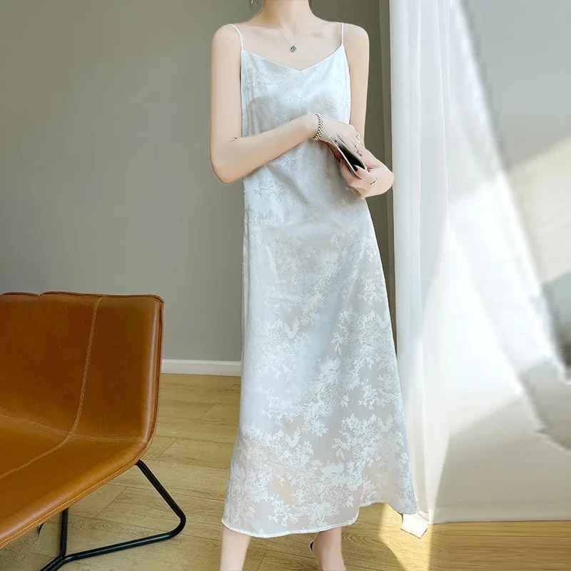[US warehouse] Summer women's suspender skirt slim dress over the knee temperament satin slim base acetate skirt suspender skirt