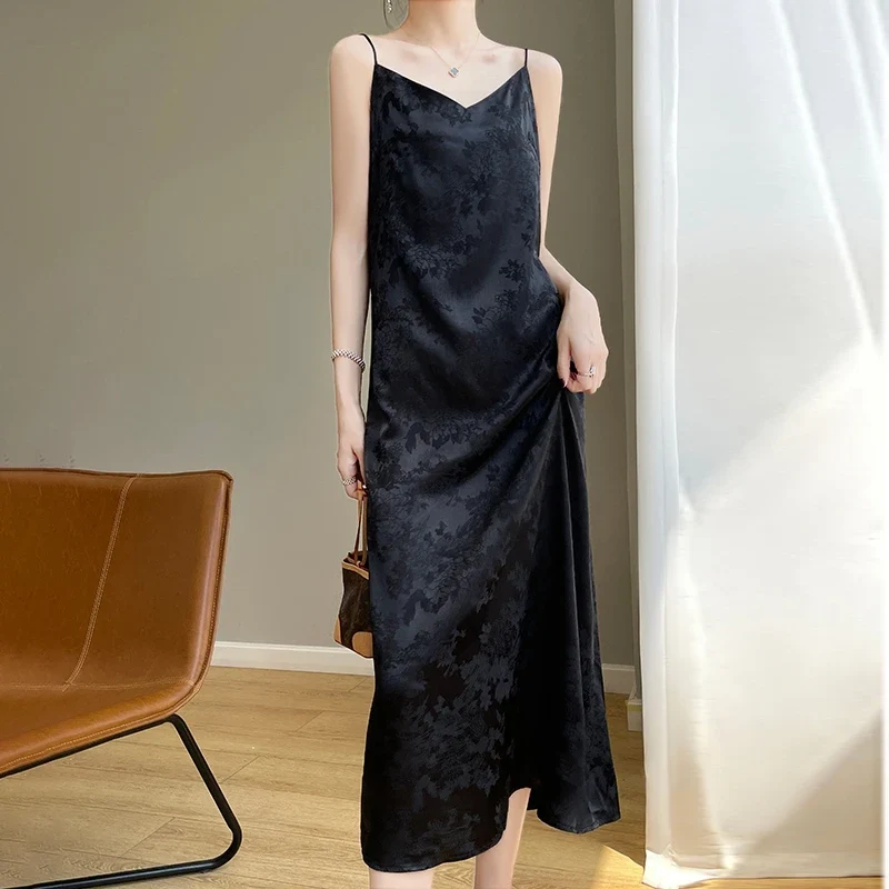 [US warehouse] Summer women's suspender skirt slim dress over the knee temperament satin slim base acetate skirt suspender skirt