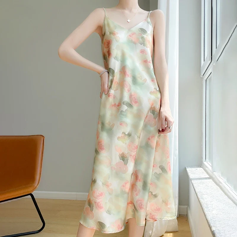 [US warehouse] Ladies' new silk satin painted suspender dress, fashionable bottoming hip-wrapped mulberry silk long skirt suspender