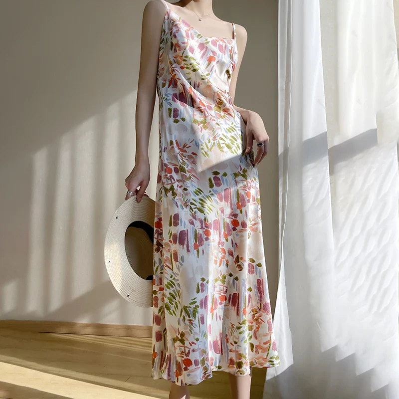 [US warehouse] Ladies' new silk satin painted suspender dress, fashionable bottoming hip-wrapped mulberry silk long skirt suspender