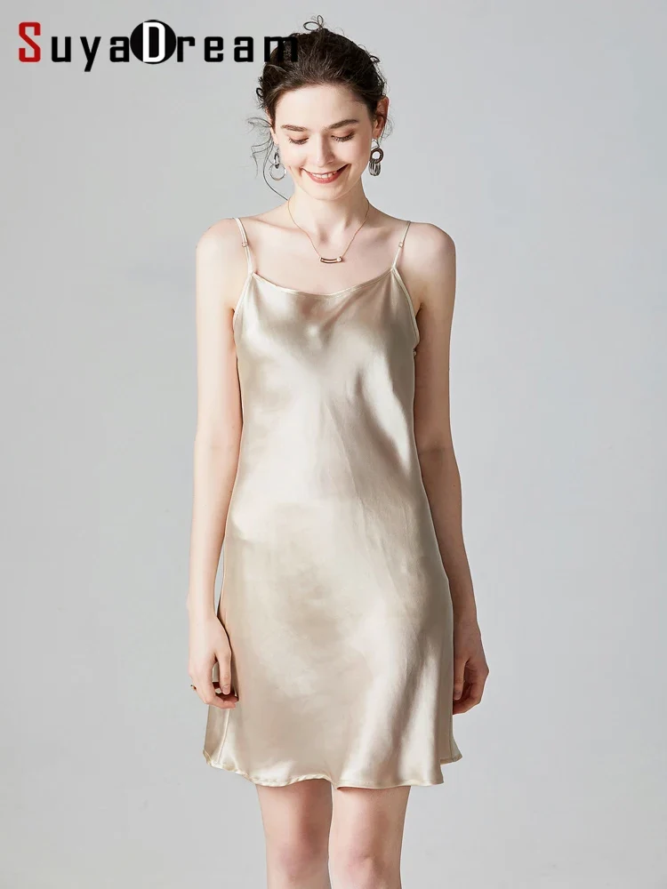 [US warehouse] SuyaDream women's mini dress 19mm 100% silk sleeveless solid color spaghetti strap nightdress