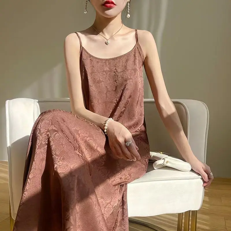 [US warehouse] Women's jacquard rose elegant home clothes women's silk sleeveless nightdress ladies summer loose long pajamas home clothes