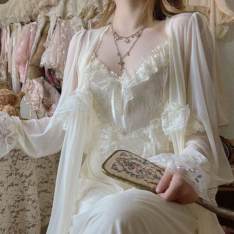 [US warehouse] Retro women's palace style tulle robe nightdress ladies princess nightgown fairy tale pajamas pajamas women's clothing