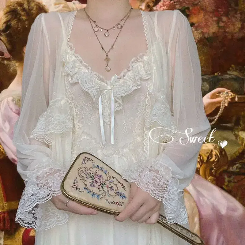 [US warehouse] Retro women's palace style tulle robe nightdress ladies princess nightgown fairy tale pajamas pajamas women's clothing