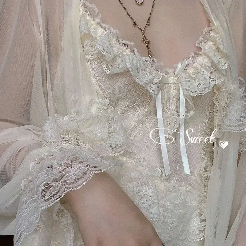 [US warehouse] Retro women's palace style tulle robe nightdress ladies princess nightgown fairy tale pajamas pajamas women's clothing