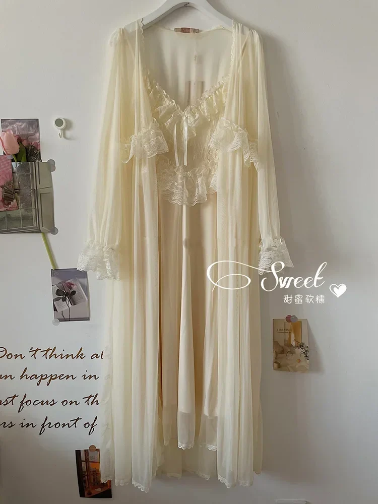 [US warehouse] Retro women's palace style tulle robe nightdress ladies princess nightgown fairy tale pajamas pajamas women's clothing
