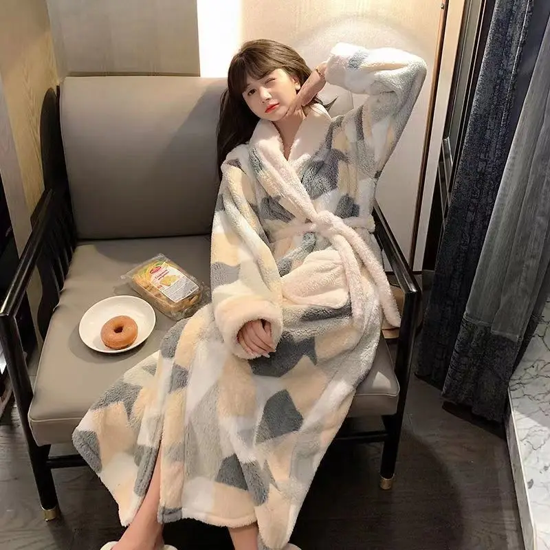 [US warehouse] Kimono warm flannel bathrobe long coral fleece bathrobe nightgown women's comfortable pajamas