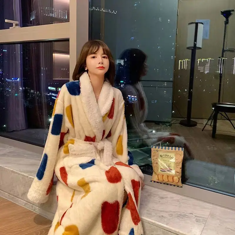 [US warehouse] Kimono warm flannel bathrobe long coral fleece bathrobe nightgown women's comfortable pajamas