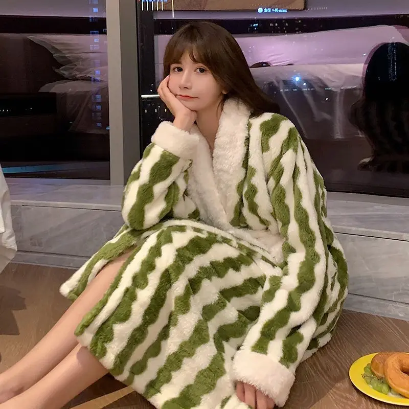 [US warehouse] Kimono warm flannel bathrobe long coral fleece bathrobe nightgown women's comfortable pajamas