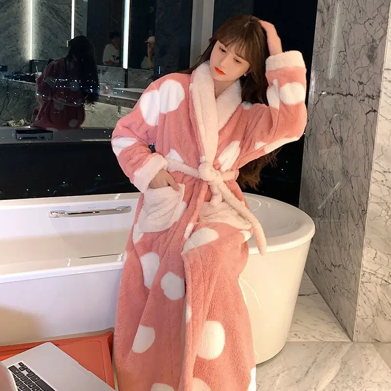 [US warehouse] Kimono warm flannel bathrobe long coral fleece bathrobe nightgown women's comfortable pajamas