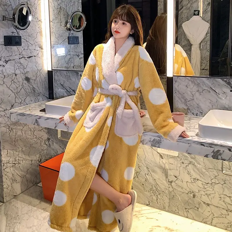 [US warehouse] Kimono warm flannel bathrobe long coral fleece bathrobe nightgown women's comfortable pajamas