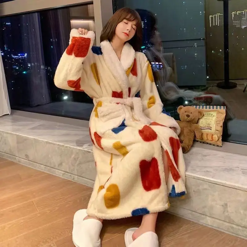 [US warehouse] Kimono warm flannel bathrobe long coral fleece bathrobe nightgown women's comfortable pajamas