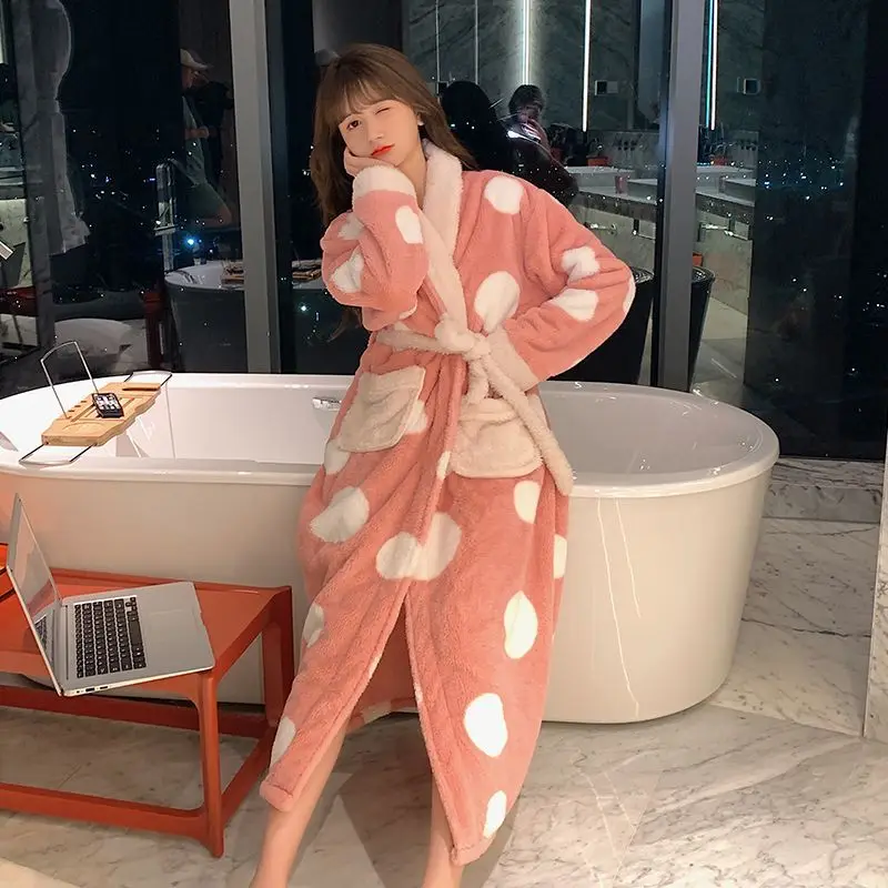 [US warehouse] Kimono warm flannel bathrobe long coral fleece bathrobe nightgown women's comfortable pajamas