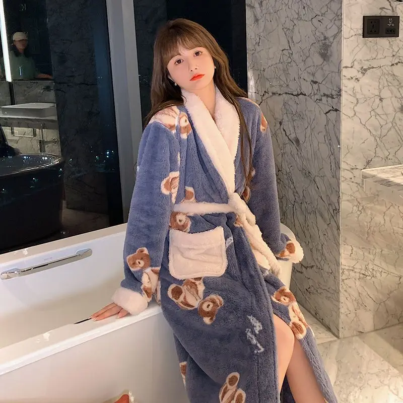 [US warehouse] Kimono warm flannel bathrobe long coral fleece bathrobe nightgown women's comfortable pajamas