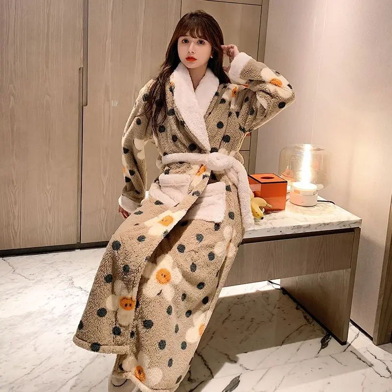 [US warehouse] Kimono warm flannel bathrobe long coral fleece bathrobe nightgown women's comfortable pajamas