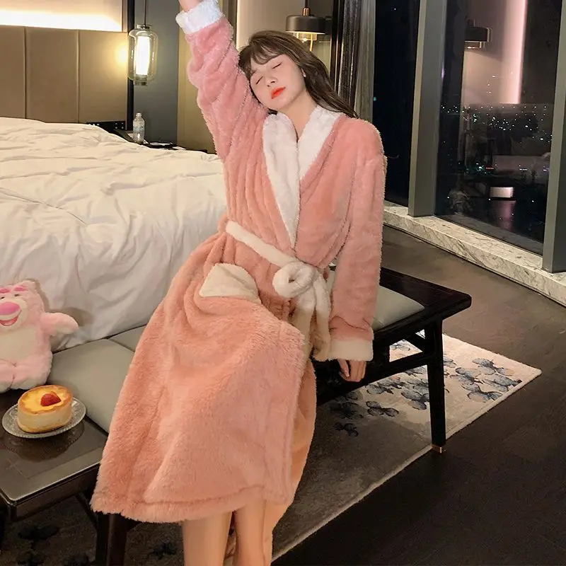 [US warehouse] Kimono warm flannel bathrobe long coral fleece bathrobe nightgown women's comfortable pajamas