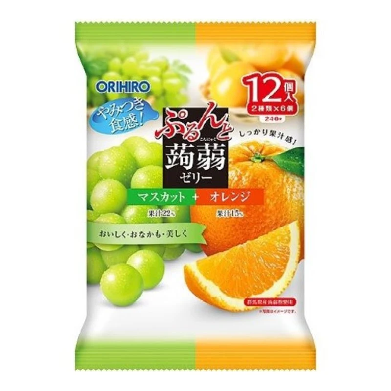 [Self-operated] Japanese ORIHIRO low-calorie konjac juice jelly 12 pieces, ready to eat, green grape + orange flavor