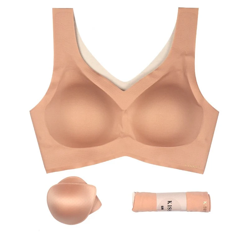 [Self-operated] Chinese KISSY Vest Style No Wires Seamless Underwear Khaki L Size Sports Yoga Bra Comes with Panties and Breast Pads