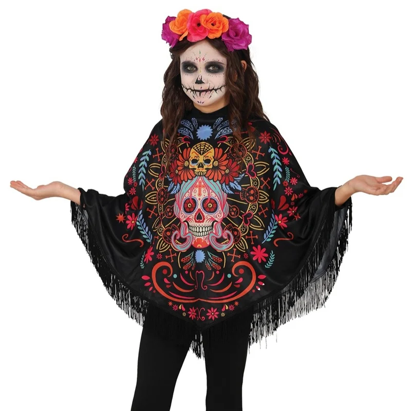 Catrina-Totenkopf-Poncho für Kinder