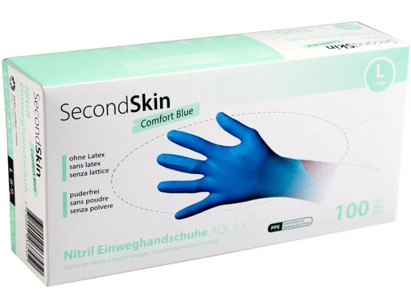 Secondskin Einweghandschuh Nitrili Comfort, Grösse L, blau, 100 Stück