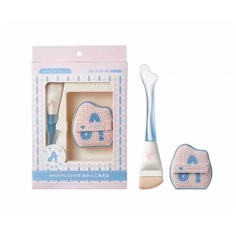 [Self-operated] AMORTALS Makeup CP Tool Set (Foundation Brush + Powder Puff) - Fishtail Thin Curved Foundation Brush for Quick Makeup Application (Multi-purpose Brush)