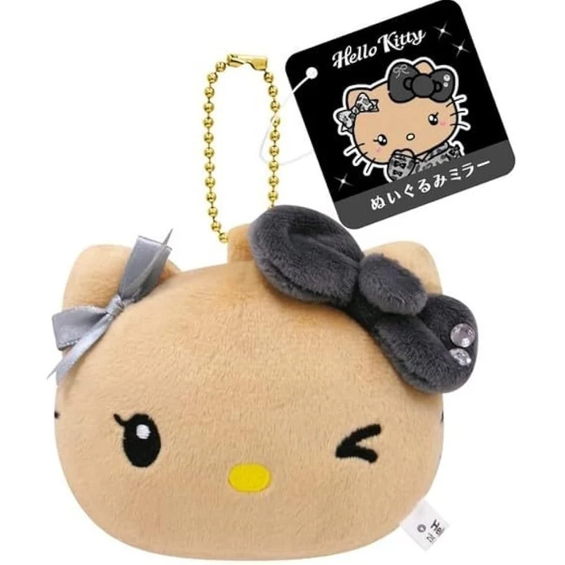 [Self-operated] Sanrio Plush Toy Mirror, Black, Sweet and Cool Kitty Series, Brown, 1 Piece, Plush Pendant Style, Portable Makeup Mirror, Bag Charm, Keychain