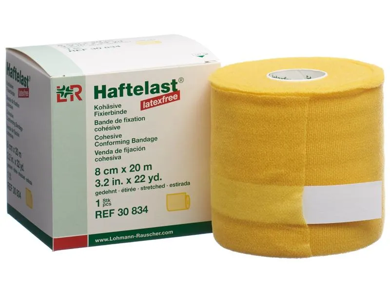 Lohmann Rauscher L&R Haftelast latexfree, Kohäsive Fixierbinde, gelb, 8 cm x 20 m, 1 Stück