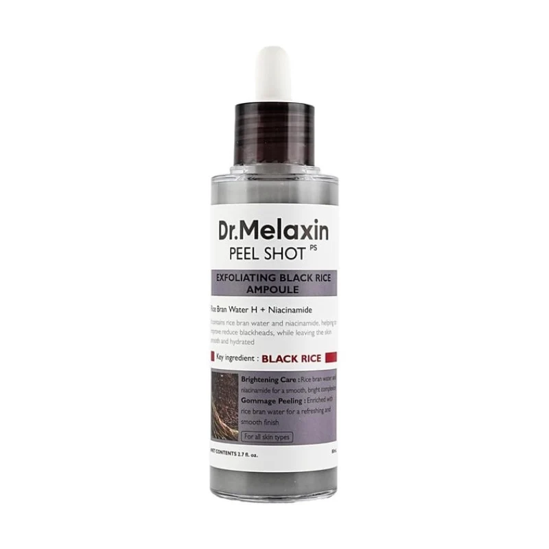 [Self-operated] DR. MELAXIN Korean Glossy Black Rice Exfoliating Softening Ampoule Essence 80ml - Brightens, fades blemishes, exfoliates, minimizes pores, clears blackheads, and is a must-have for oily skin.