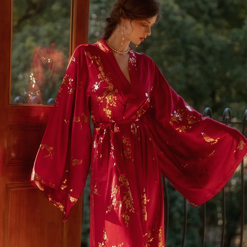 [US Warehouse] Luxury Burgundy Kimono Robe Women's Bridal Bathrobe Sexy Bronze Floral Dressing Gown Elegant Nightgown Nightgown