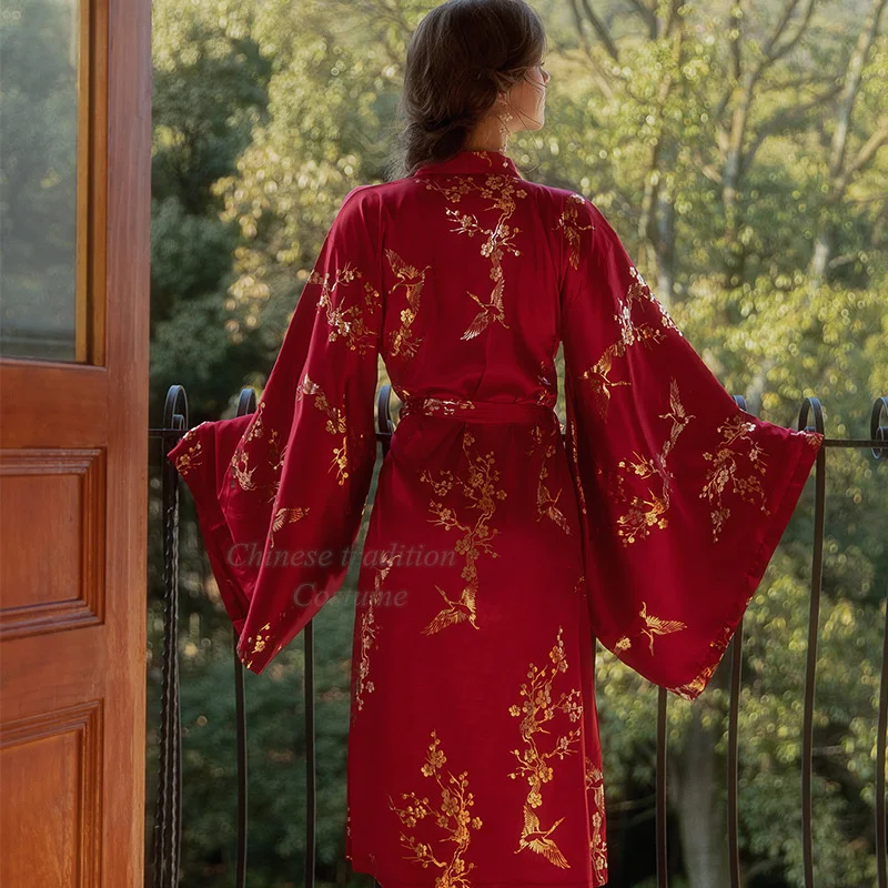[US Warehouse] Luxury Burgundy Kimono Robe Women's Bridal Bathrobe Sexy Bronze Floral Dressing Gown Elegant Nightgown Nightgown