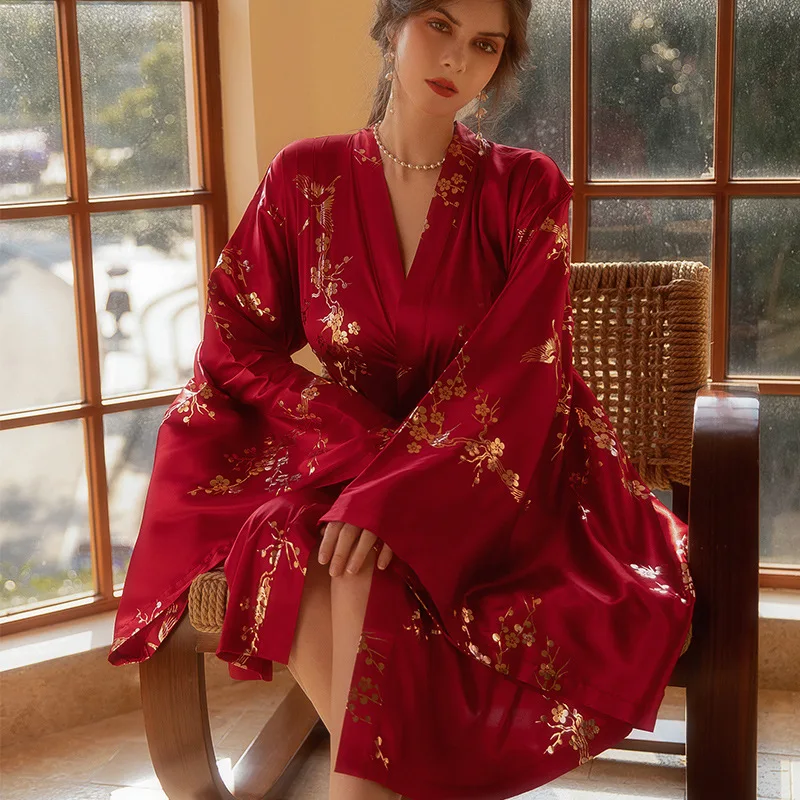 [US Warehouse] Luxury Burgundy Kimono Robe Women's Bridal Bathrobe Sexy Bronze Floral Dressing Gown Elegant Nightgown Nightgown