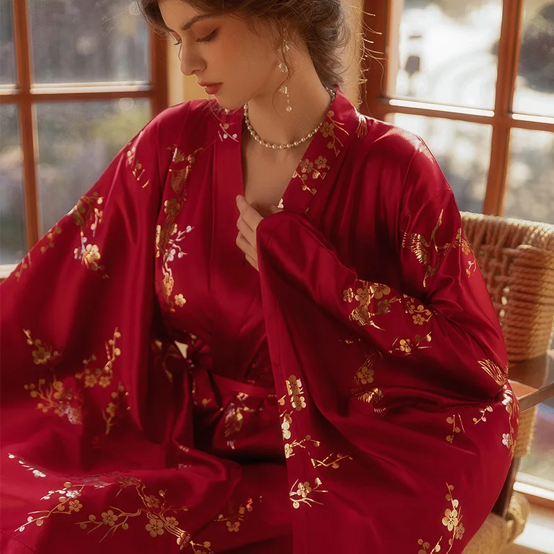 [US Warehouse] Luxury Burgundy Kimono Robe Women's Bridal Bathrobe Sexy Bronze Floral Dressing Gown Elegant Nightgown Nightgown