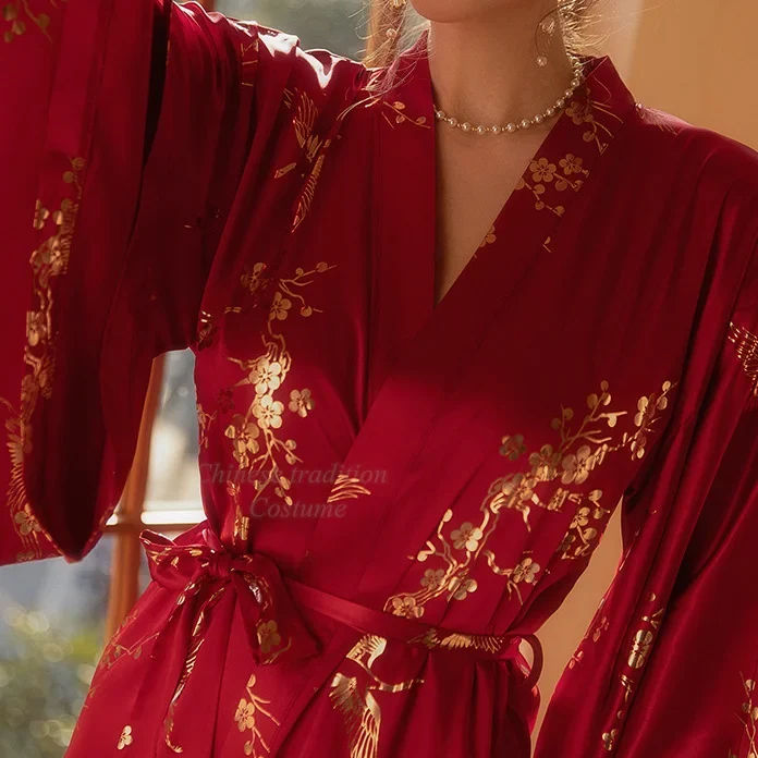 [US Warehouse] Luxury Burgundy Kimono Robe Women's Bridal Bathrobe Sexy Bronze Floral Dressing Gown Elegant Nightgown Nightgown