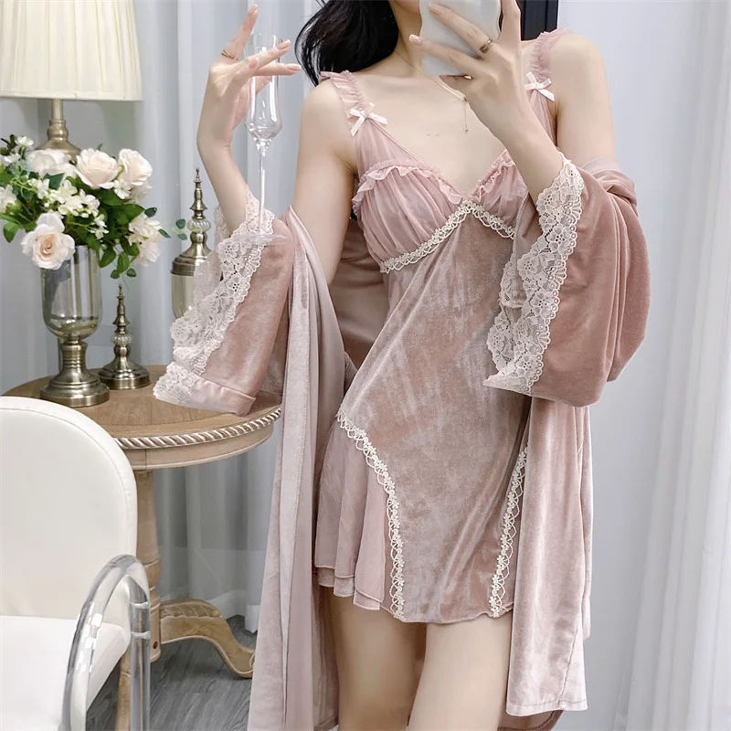 [US warehouse] Velvet lace women's two-piece robe set ladies robe bathrobe set kimono robe velvet home clothes