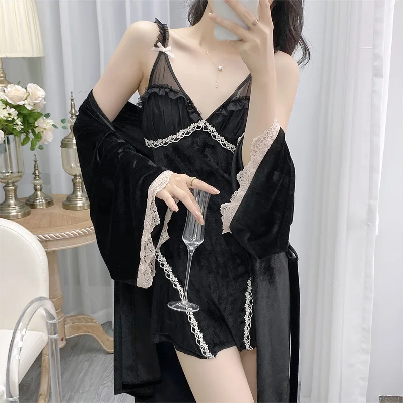 [US warehouse] Velvet lace women's two-piece robe set ladies robe bathrobe set kimono robe velvet home clothes
